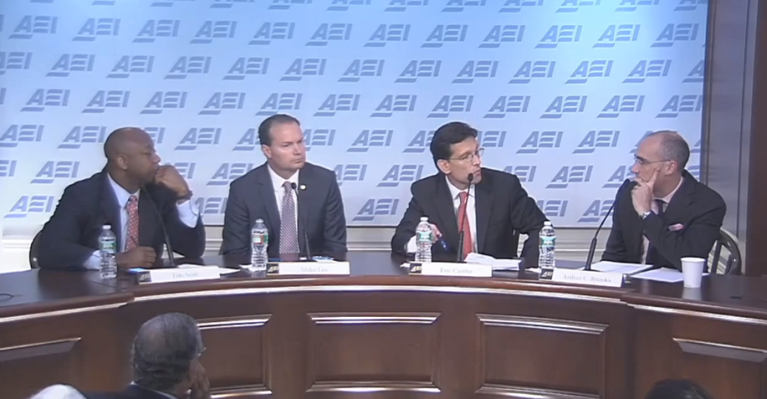 "Solutions for the middle class: The new conservative policy thinking," panel at American Enterprise Institute, (L to R) Sen. Tim Scott, Sen. Mike Lee, Rep. Eric Cantor, AEI President Arthur Brooks, Washington, D.C., May 22, 2014.