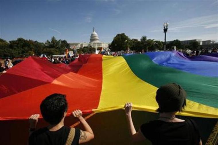 Participants carry a large rainbow flag toward the U.S. Capitol during an LGBT demonstration in Washington, Oct. 11, 2009. | Reuters/Molly Riley