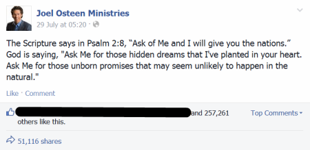 Joel Osteen Ministries shared on Facebook July 29, 2014: