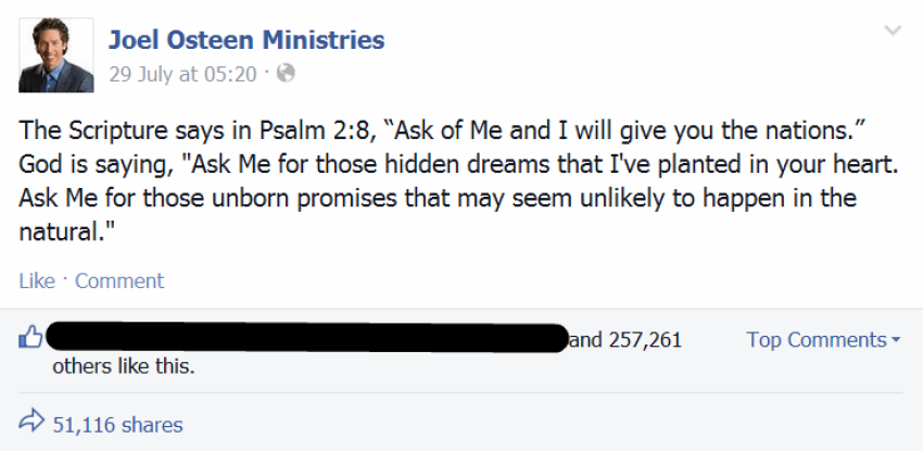 Joel Osteen Ministries shared on Facebook July 29, 2014: