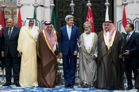 From L-R): Egypt's Foreign Minister Sameh Shoukry, Kuwait's Foreign Minister Sabah Al-Khalid al-Sabah, Saudi Foreign Minister Prince Saud al-Faisal, U.S. Secretary of State John Kerry, Oman's Foreign Minister Yussef bin Alawi bin Abdullah, Bahrain's Foreign Minister Sheikh Khaled bin Ahmed al-Khalifa and Lebanon's Foreign Minister Gebran Bassil, stand together during a family photo with of the Gulf Cooperation Council and regional partners at King Abdulaziz International Airport's Royal Terminal in Jeddah, Sept. 11, 2014. The United States signed up Arab allies on Thursday to a
