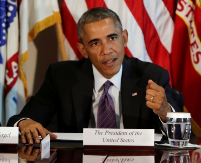 United States President Barack Obama meets with military senior leadership to receive an update on the campaign to combat Islamic State, also known as ISIS and ISIL, at the Pentagon in Washington, October 8, 2014.