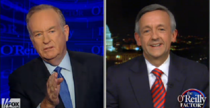 Fox News host Bill O'Reilly talks to Robert Jeffress, senior pastor of First Baptist Church in Dallas, Texas, Tuesday night about the NPR news quiz show 