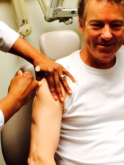 U.S. Senator Rand Paul (R-Ky.), is shown in this photo tweeted by his office being inoculated on February 3, 2015. Paul, an ophthalmologist, said in an interview with CNBC on Monday that he had heard of instances where vaccines caused "mental disorders" and that parents should have input on whether their children receive them.