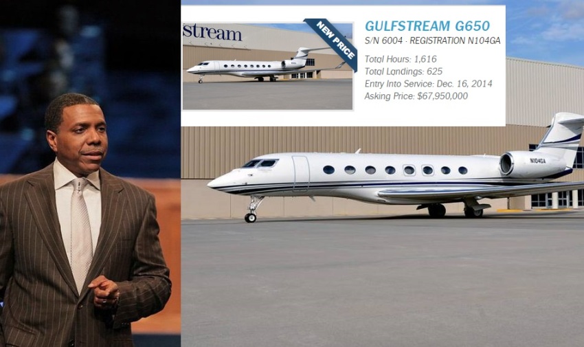 Televangelist Creflo Dollar (l) and the luxury jet (r) he is asking the public to purchase for his ministry.