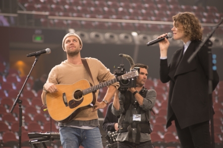 Joel Houston and Taya Smith rehearse for the Los Angeles Forum concert while filming Hillsong movie "Let Hope Rise."