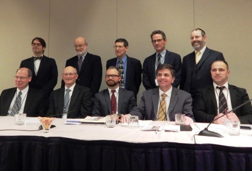 (L to R, Back Row) Joel Willits, Darrell Bock, Mark S. Kinzer, Gerald R. McDermott, David Rudolph; (L to R, Front) Craig Blaising, Robert Benne, Robert W. Nicholson, Mark Tooley, Shadi Khalloul, "People of the Land: A Twenty-First Century Case for Christian Zionism" conference, Washington, D.C., April 17, 2015.