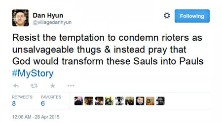 Pastor Dan Hyun of The Village Church in Baltimore, Md., admonished Christians against calling rioters "thugs" on April 28, 2015, on Twitter.