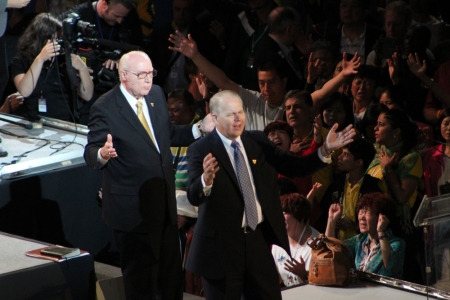 Dr. George O. Wood, global co-chair of the Empowered21 Spirit-empowered movement (l) and co-chair William Wilson, president of Oral Roberts University (r) lead a prayer session on the Empowered21 Global Congress in Jerusalem, Israel on Wednesday night.