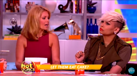 Actress Candace Cameron Bure (L) and "The View" co-host Raven-Symone (R) on the show, October 19, 2015.