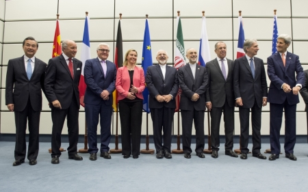 Chinese Foreign Minister Wang Yi, French Foreign Minister Laurent Fabius, German Foreign Minister Frank Walter Steinmeier, European Union High Representative for Foreign Affairs and Security Policy Federica Mogherini, Iranian Foreign Minister Mohammad Javad Zarif, Head of the Iranian Atomic Energy Organization Ali Akbar Salehi, Russian Foreign Minister Sergey Lavrov, British Foreign Secretary Philip Hammon, U.S. Secretary of State John Kerry and U.S. Secretary of Energy Ernest Moniz (L to R) pose for a group picture at the United Nations building in Vienna, Austria, July 14, 2015. Iran and six major world powers reached a nuclear deal on Tuesday, capping more than a decade of on-off negotiations with an agreement that could potentially transform the Middle East, and which Israel called an "historic surrender."