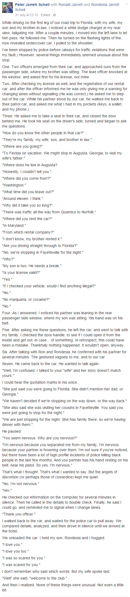 The Rev. Peter Jarrett Schell, the rector at Calvary Episcopal Church in Silver Spring, Maryland, revealed on Facebook a July 31, 2015, traffic stop involving himself, his black wife, their biracial son and his brother-in-law that made him "nervous."