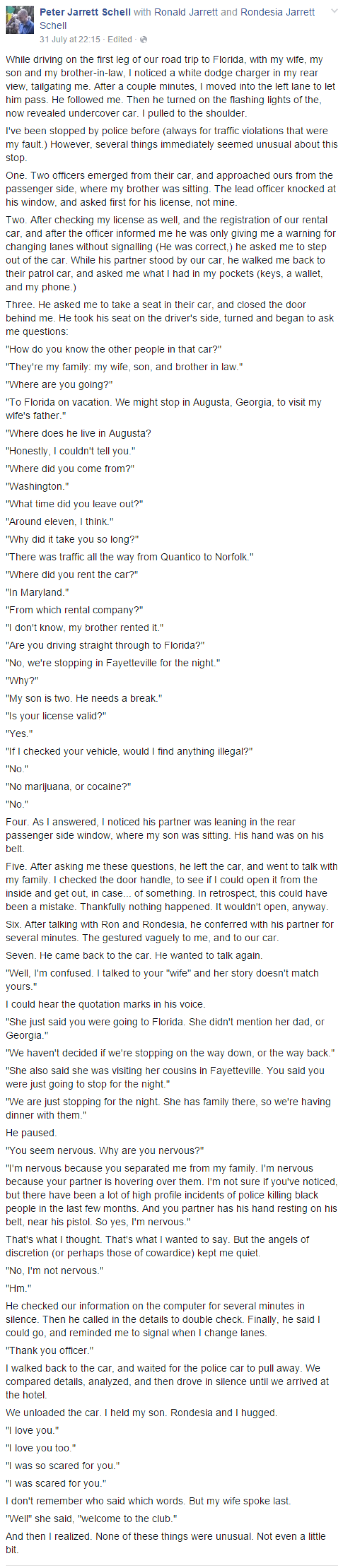 The Rev. Peter Jarrett Schell, the rector at Calvary Episcopal Church in Silver Spring, Maryland, revealed on Facebook a July 31, 2015, traffic stop involving himself, his black wife, their biracial son and his brother-in-law that made him "nervous."