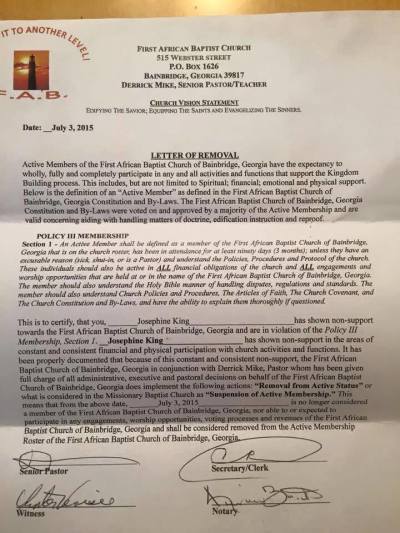 Letter Used to Kick 92-Y-O Woman out of Georgia Church