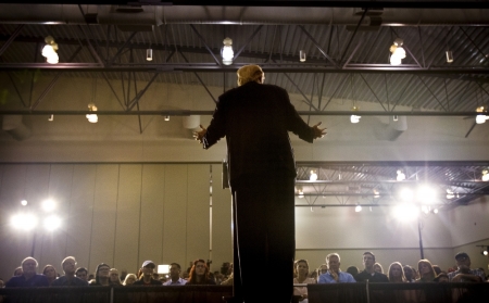 Donald Trump speaks during his "Make America Great Again Rally" at the Grand River Center in Dubuque, Iowa, August 25, 2015.