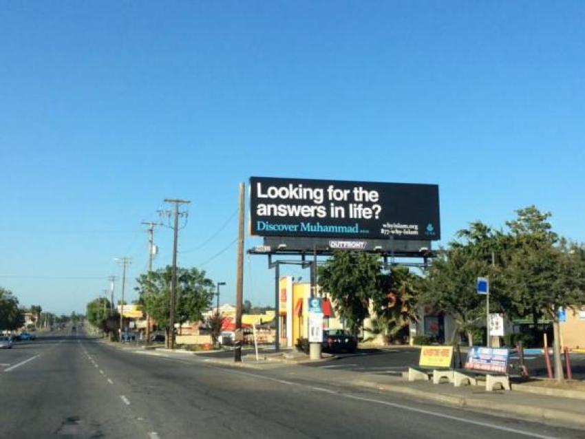 A billboard sponsored by Islamic Circle of North America is shown on a street in Sacramento, California in this undated handout photo released to Reuters June 16, 2015.