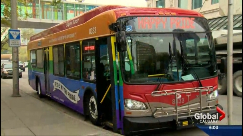 A Calgary, Canada, rainbow "pride" transit bus is seen here