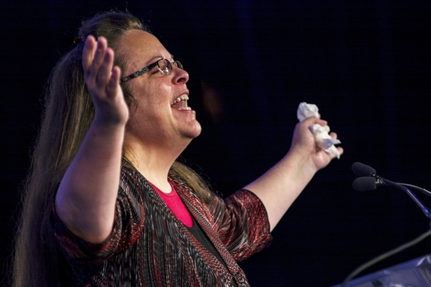 Kentucky's Rowan County Clerk Kim Davis, who was jailed for refusing to issue marriage licenses to same-sex couples, makes remarks after receiving the
