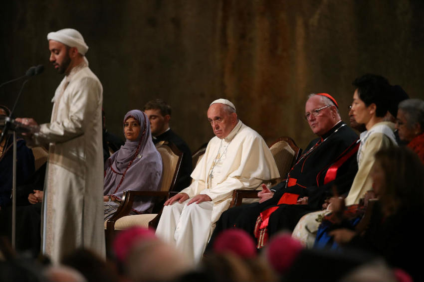 Pope Francis looks on during a multi-religious prayer for peace gathering at the 9/11 Memorial and Museum on September 25, 2015, in New York City.
