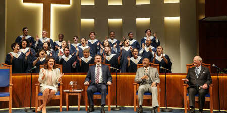 Linda Powell, Andrew Garman, Larry Powell, Philip Kerr, and the ensemble choir of "The Christians" by playwright Lucas Hnath.