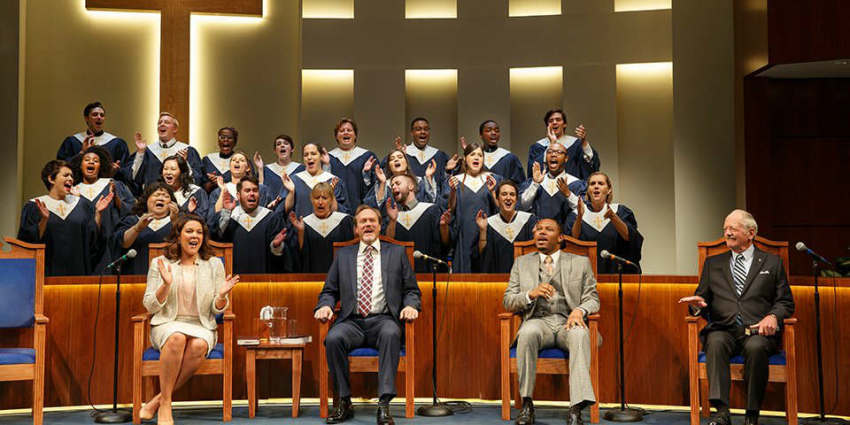 Linda Powell, Andrew Garman, Larry Powell, Philip Kerr, and the ensemble choir of "The Christians" by playwright Lucas Hnath.