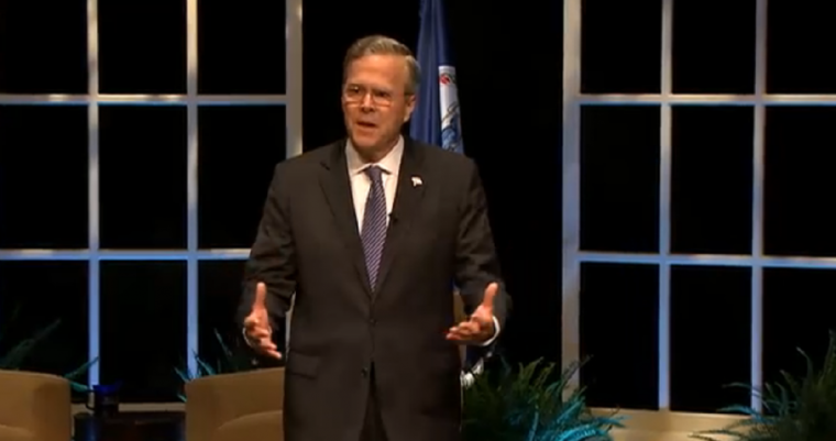 Republican presidential hopeful and former governor of Florida Jeb Bush answers questions from Pat Robertson during a presidential candidate forum at Regent University in Virginia Beach, Virginia, on Friday, October 23, 2015.