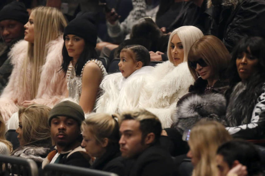 Lamar Odom (L-2nd R), Khloe Kardashian, Kylie Jenner, North West, Kim Kardshian and Vogue Editor Anna Wintour attend Kanye West's Yeezy Season 3 Collection presentation and listening party for the 