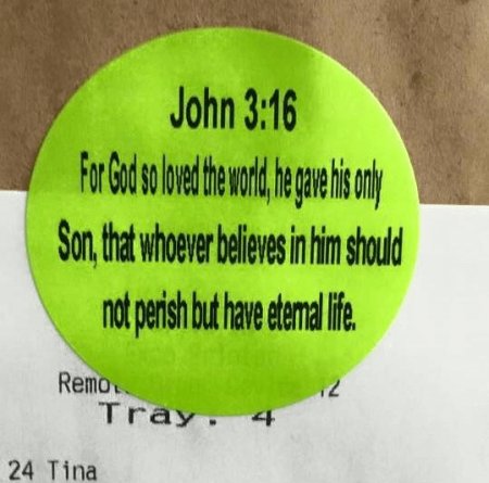 Sonic of Raymore, Missouri puts Bible stickers on orders.