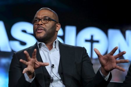 Host and narrator in New Orleans, Louisiana, Tyler Perry of "The Passion," speaks during the Fox Network presentation at the Television Critics Association winter press tour in Pasadena, California, January 15, 2016.