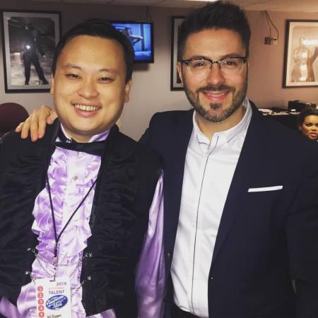 Singer David Gokey poses with fellow "American Idol" alumnus William Hung, Hollywood, California, April 7, 2016.