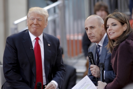 U.S. Republican presidential candidate Donald Trump listens to a question during a town hall interview with hosts Matt Lauer and Savannah Guthrie (R) on NBC's