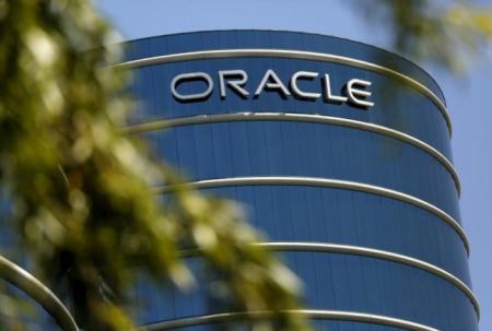 An Oracle logo is seen here at a campus in Redwood City, California.