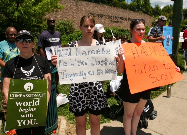 People attend a vigil outside the Cincinnati Zoo and Botanical Gardens, two days after a boy tumbled into its moat and officials were forced to kill Harambe, a Western lowland gorilla, in Cincinnati, Ohio, May 30, 2016.