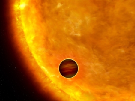 An artist's impression shows a Jupiter-sized planet passing in front of its parent star. Such events are called transits. When the planet transits the star, the star's apparent brightness drops by a few percent for a short period. Through this technique, astronomers can use the Hubble Space Telescope to search for planets across the galaxy by measuring periodic changes in a star's luminosity. The first class of exoplanets found by this technique are the so-called