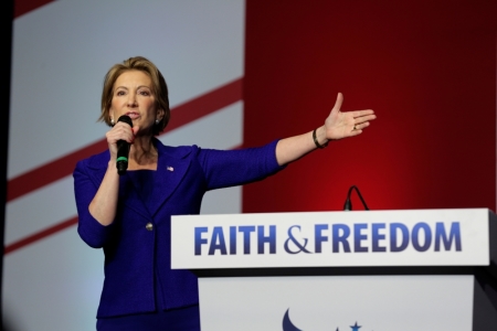 Former Republican presidential candidate Carly Fiorina addresses the Faith and Freedom Coalition's