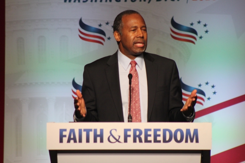 Former Republican presidential candidate Ben Carson speaks at the Faith & Freedom Coalition's