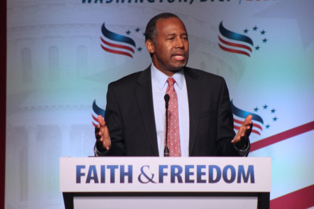 Former Republican presidential candidate Ben Carson speaks at the Faith & Freedom Coalition's
