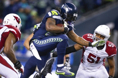 Seattle Seahawks running back or "Beast Mode" Marshawn Lynch (24) in action against the Arizona Cardinals during the fourth quarter at CenturyLink Field in Seattle, Washington, November 15, 2015. Arizona defeated Seattle, 39-32.