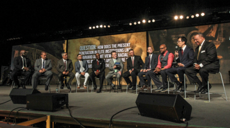 Ronnie Floyd, outgoing president of the Southern Baptist Convention, leads the panel discussion "A National Conversation on Racial Unity in America" during the annual meeting of the SBC in St. Louis Tuesday, June 14.