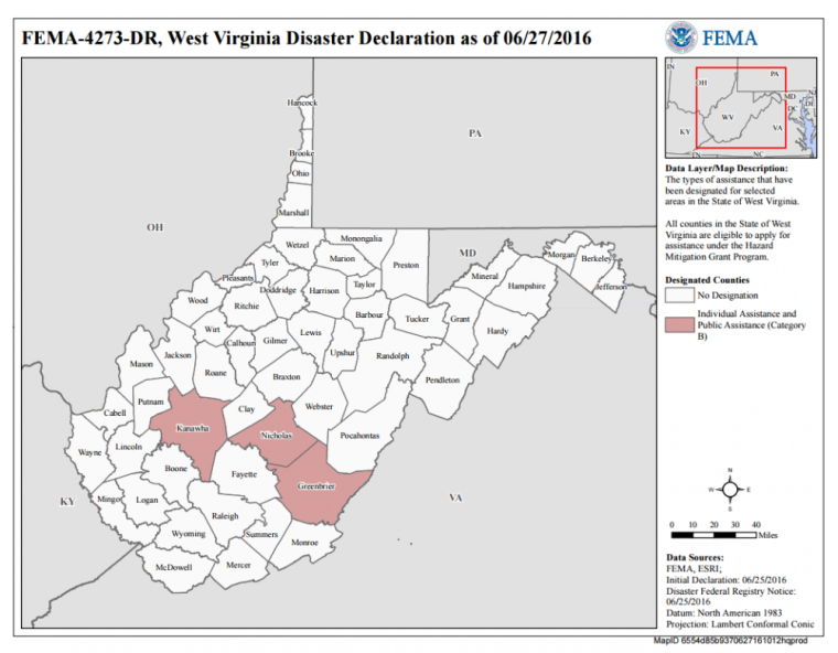 West Virginia Disaster Declaration as of 6/27/2016