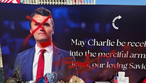 Charlie Kirk statue defaced with red paint; 'Jesus' crossed out, 'Satan' spray-painted over it