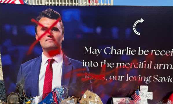 Charlie Kirk statue defaced with red paint; 'Jesus' crossed out, 'Satan' spray-painted over it