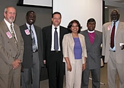 Dr. Haruun Ruun, right, Executive Secretary of the New Sudan Council of Churches, in a visit to Church World Service, called upon the U.S. churches to help work for peace in the Sudan. (Photo: CWS / Tori Whitney)