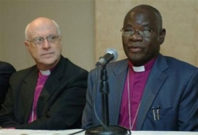 Anglican Archbishops Peter Akinola, right, of Nigeria and Gregory Venables of Argentina attended a news conference where they discussed their opposition to the U.S. Episcopal Church position on gay issues, Thursday, Sept. 8, 2005. Archbishop Akinola also