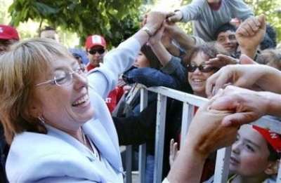Chile's Presidential candidate Michelle Bachelet of the center left pro-government Coalition greets supporters during a campaign visit to Concepcion, some 520 kilometers (323 miles) south of Santiago in Chile, Sunday, Dec. 4, 2005. Bachelet is the front r