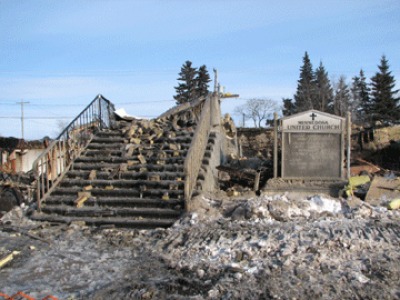 The remains of the Minnedosa United Church after the Minnedosa and Rapid City Fire Departments extinguished the fire. (Photo: The Minnedosa Tribune)