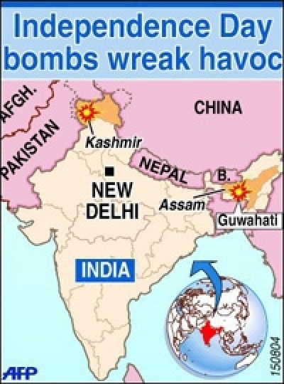 Map of India locating the bomb attacks that killed at least 15 women and children during Independence Day parades.(Photo: AFP)