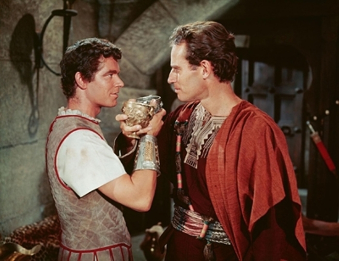 Actors Stephen Boyd (L) and Charlton Heston (R) as Messala and Ben-Hur.