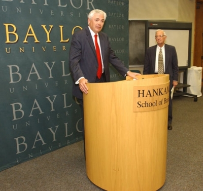 Credit : Bill Underwood spoke with reporters following his appointment by the Baylor Board of Regents as interim president.(BU Photo)