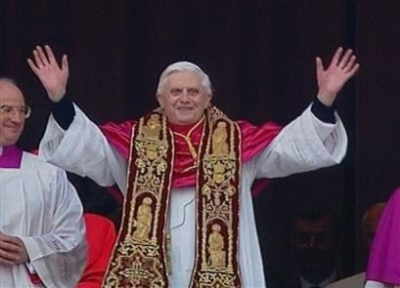 Cardinal Joseph Ratzinger of Germany addresses the faithful as the new pope in this frame from TV, at the Vatican, Tuesday, April 19, 2005. Bells chimed at St. Peter's Basilica Tuesday evening, announcing to the world that a new pope was elected.